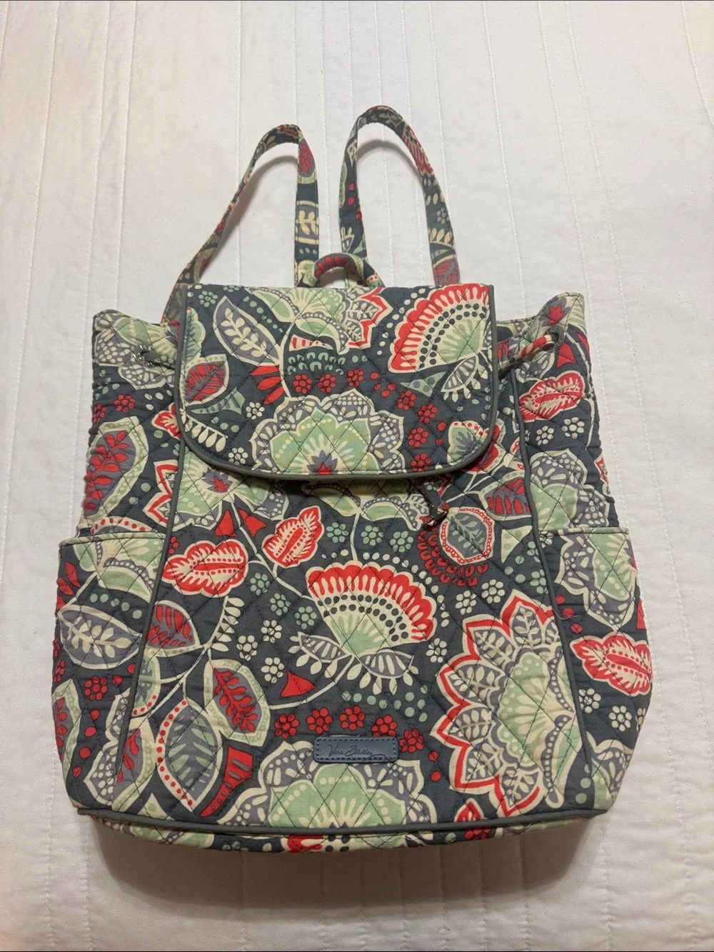 Vera Bradley Quilted Floral Backpack in Gray, Red & Light Green
